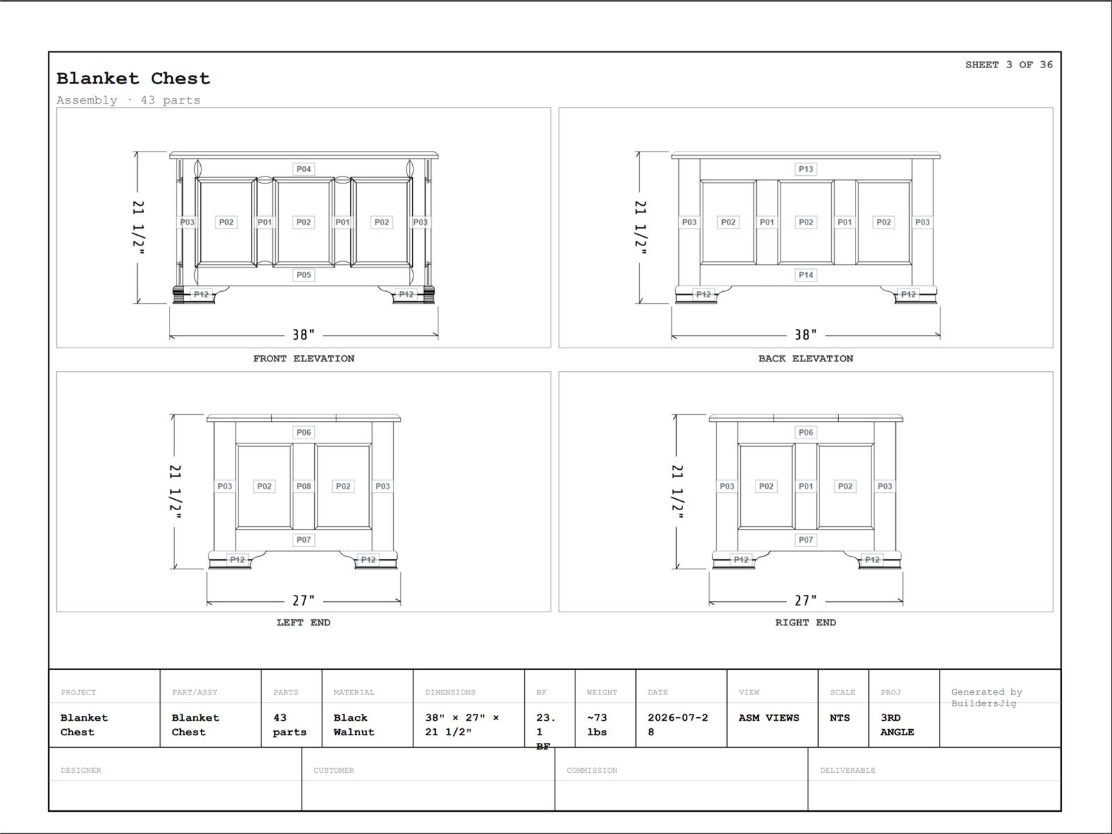 The same build as a shop-ready blueprint sheet: dimensioned line-art views with a title block