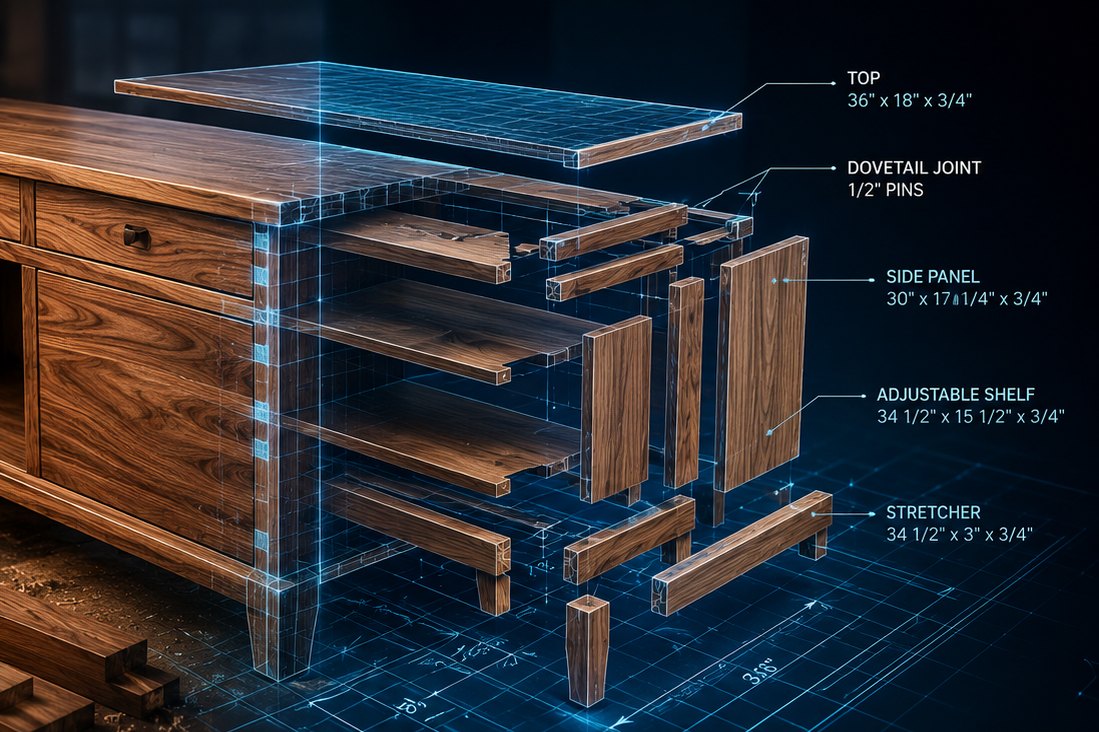 A walnut sideboard dissolving into an exploded blueprint wireframe with dimensioned part callouts