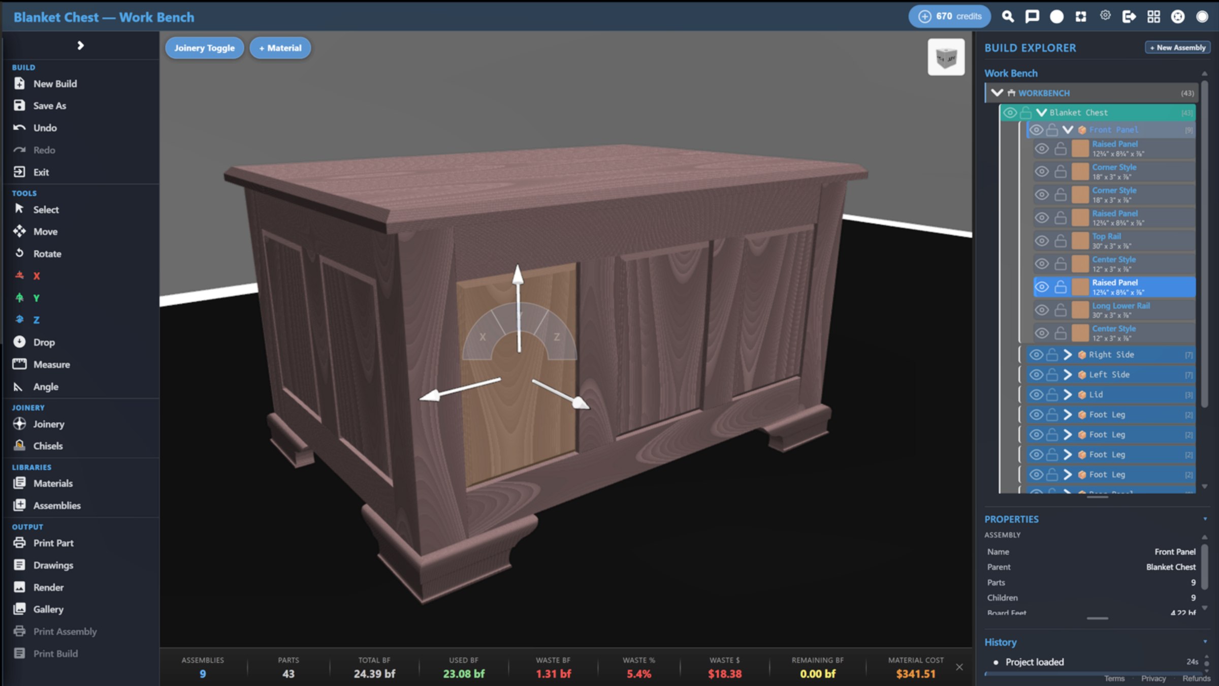 The BuildersJig workspace: a build in progress in the 3D shop, with the Build Explorer, toolbar, and live cost stats