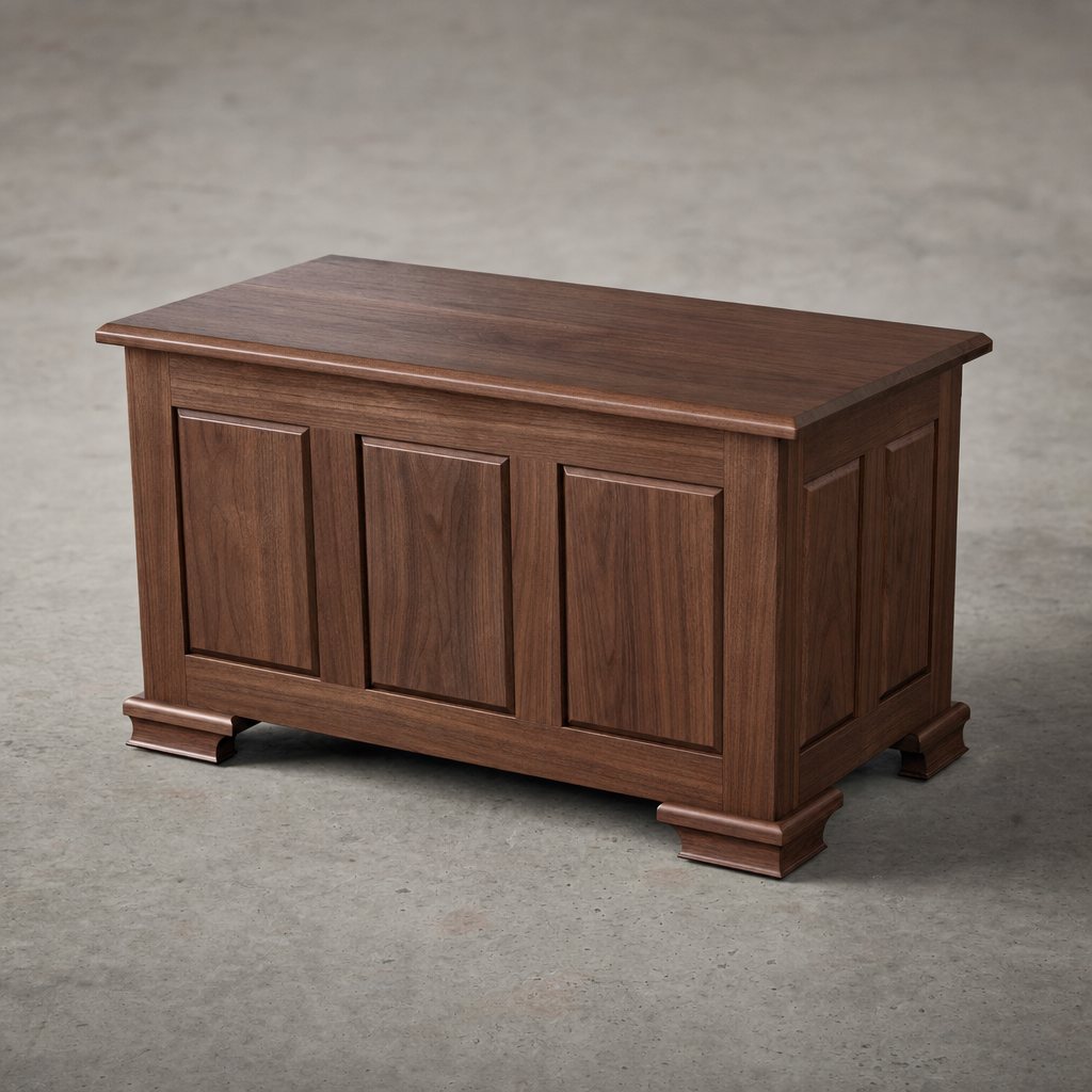 The photorealistic AI render of the same build, in walnut