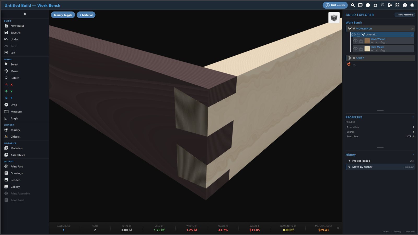 A dovetail joint mid-assembly in the 3D shop, grain visible through the cut
